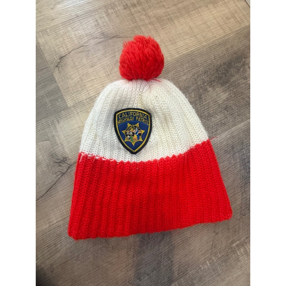 Vintage California Highway Patrol (CHP) Knit Pom-Pom Beanie - Red/White